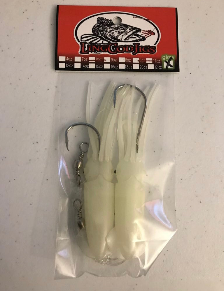 4” lingcod glow squid 2 hook rig – Lingcodjigs.com